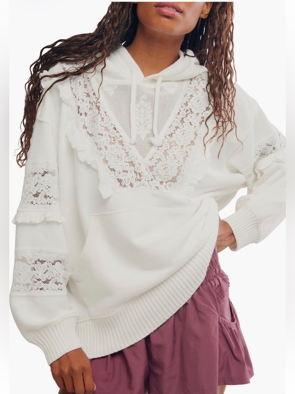 Free People Movement Studio Tunic Lace Trim Hooded Sweatshirt